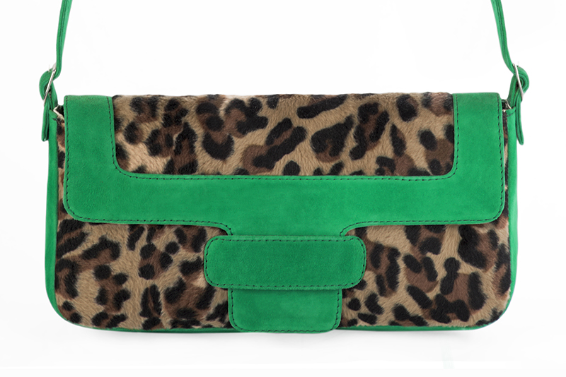 Safari black and emerald green women's dress handbag, matching pumps and belts. Profile view - Florence KOOIJMAN